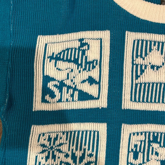 Gitano Vintage 80s-90s Turquoise & White Knit Sweater Winter Ski Design Medium - Picture 3 of 4